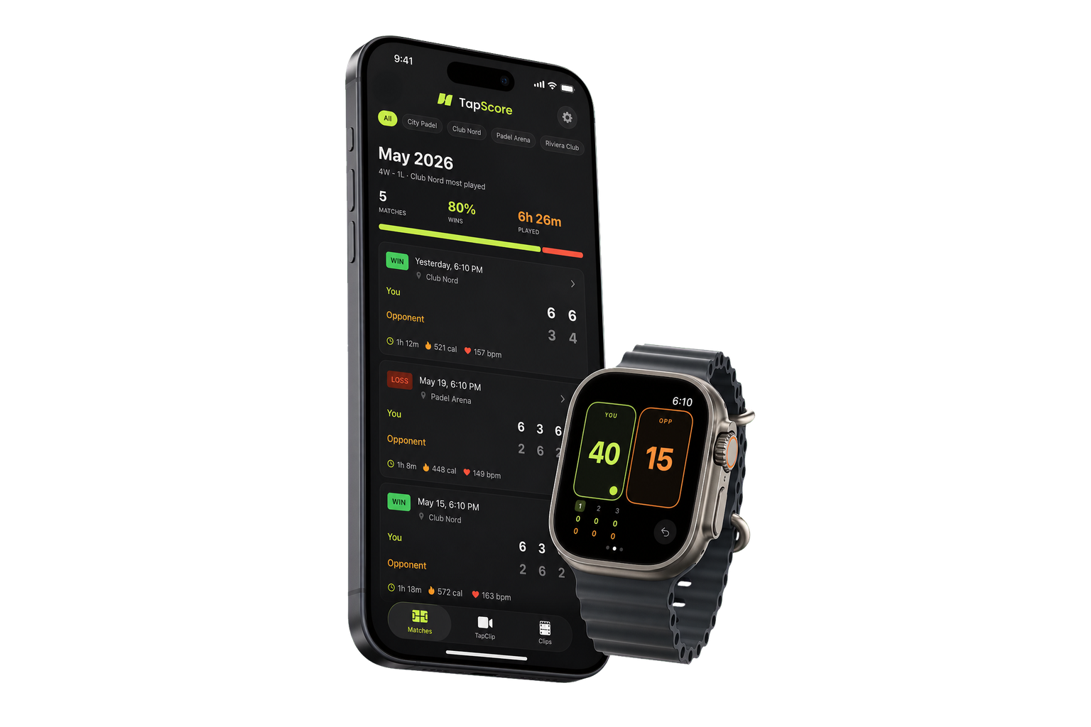 TapScore match history on iPhone and live scoring on Apple Watch